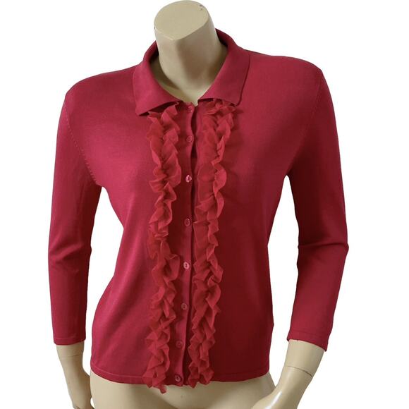 MARY JANE MARCASIANO Womens Size Small Silk Blend Red Ruffled Cardigan Sweater - Picture 1 of 6